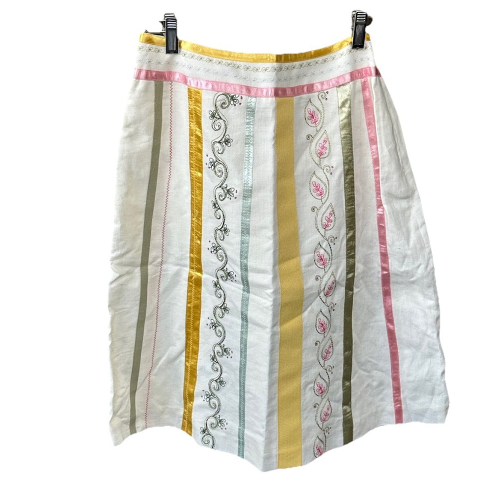 Mercer‎ & Madison Embroidered Linen Skirt Size 6 Satin Ribbons Cottage Core